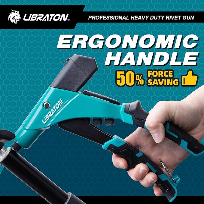 LIBRATON Professional Heavy Duty Rivet Gun, One-Handed Pop Rivet Gun Set, Robust Riveter with Shaft Container, Manual Riveting Tool, Tool-Free Interchangeable Heads, for Metal, Wood and Plastic