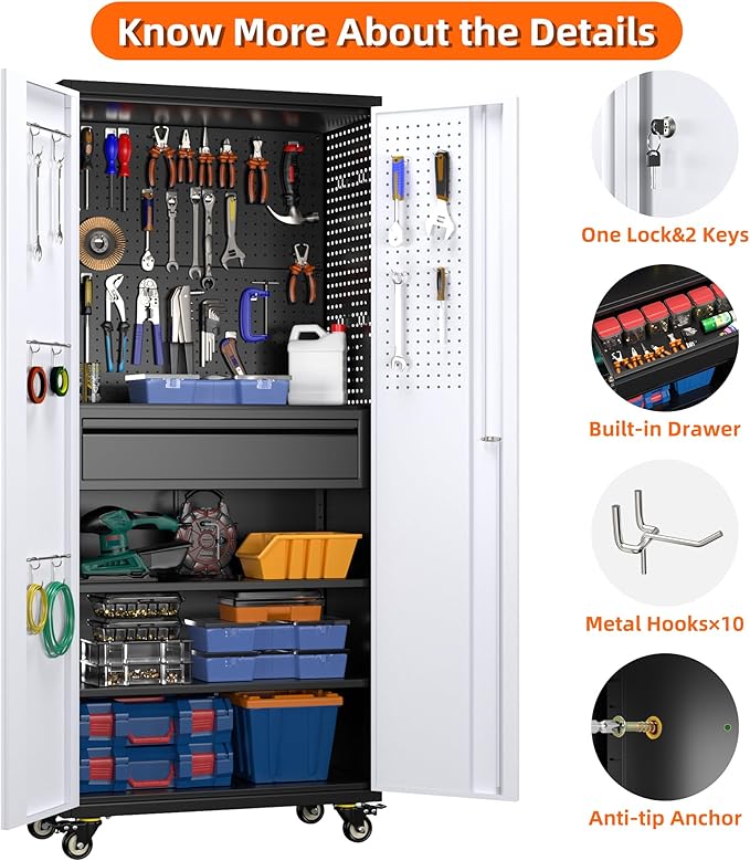 Aobabo Metal Storage Cabinet with Wheels and 1 Interior Drawer, Steel Rolling Tool Cabinet with 16 Hooks and 2 Adjustable Shelves for Garage, Home, Office, Kitchen, Black Gray, Assembly Required