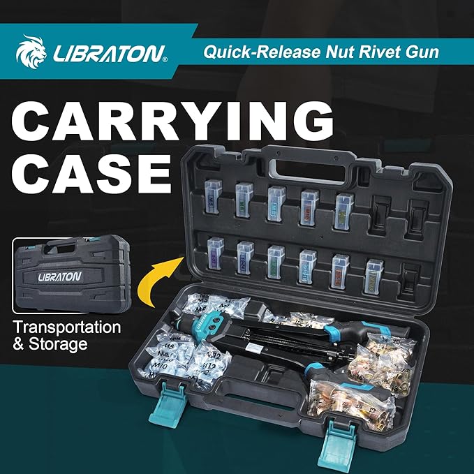 LIBRATON Rivet Nut Tool, 16" Rivnut Tool Kit, Hand Rivet Nut Tool kit with 11PCS Metric & SAE Interchangeable Mandrels, 110PCS Rivet Nuts, Carrying Case, Auto Release Nut Design