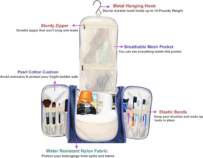 Hanging Toiletry Bag Extra Large Capacity | Premium Travel Organizer Bags For Men And Women | Durable Waterproof Nylon Bathroom, Shower, Makeup Bag For Toiletries, Cosmetics, Brushes