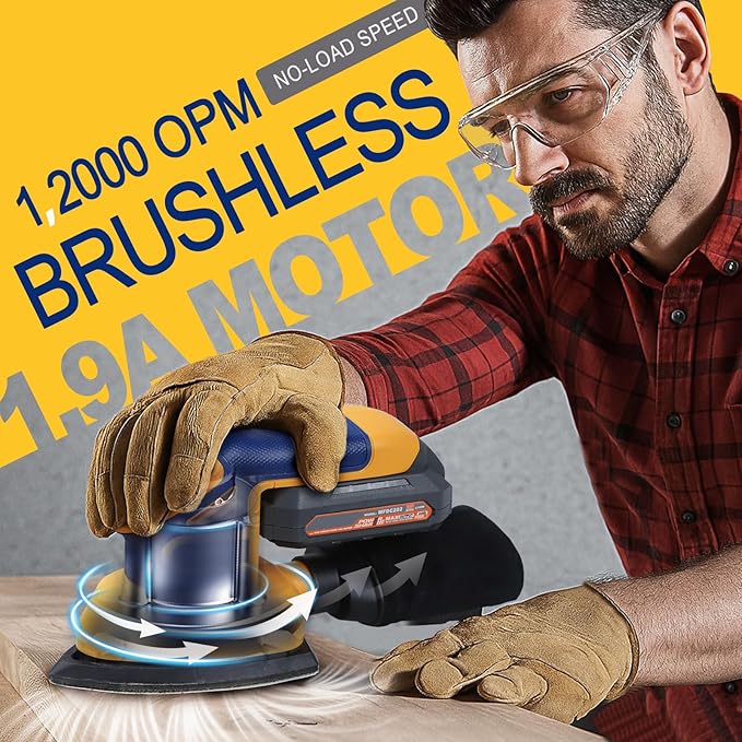 Cordless Detail Sander Compatible with Dewalt 20v Max Battery, 1.9Amp, Dust Collector, Brushless 12,000 OPM Speed, Compact Soft Palm Grip, 10pcs Sanding Pads, 2.0Ah Charger & Battery Kit