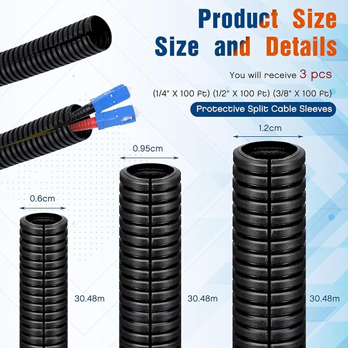 Sasylvia 1/4", 1/2", 3/8" x 100 Ft Split Wire Loom Tubing Automotive Wire Loom Assortment Split Cable Sleeves Bulk Flexible Electrical Conduit Protective Kit