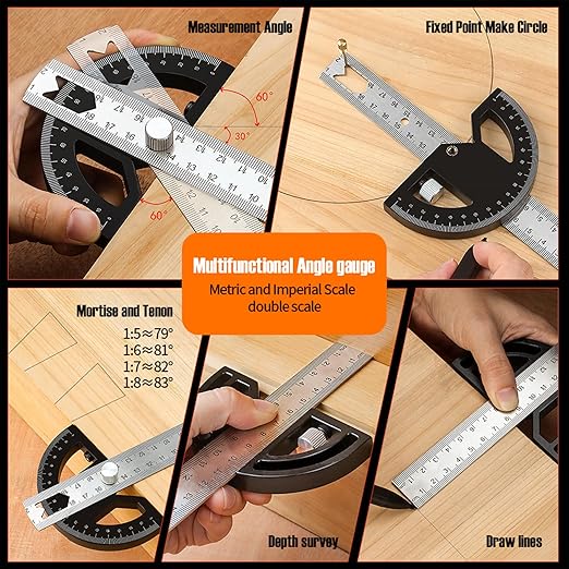 Protractor Angle Finder Carpenter Square Adjustable Aluminum Protractor Square and Angle Gauge for Carpenters & Woodworking Hobbyists with 0-180 Degrees Measuring Tool (8inch)