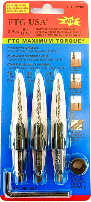 FTG USA Adjustable Wood Countersink Drill Bit Set 3 Pc #8 (11/64"") with Tapered Drill Bit for Woodworking