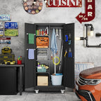 71" H Broom Storage Cabinet with Wheels and Doors,Rolling Tool Cabinet with Pegboard,Shelves and Rod for Garage Warehouse Home,Required Assembly,Black