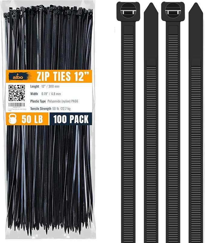 ALBO Black Zip Ties 12 Inch Long Zip Ties Plastic Cable Ties Thick 0.19 Inch 100 Pack Tie Wraps Heavy Duty 50lb UV Resistant Nylon Wire Ties for Indoor and Outdoor