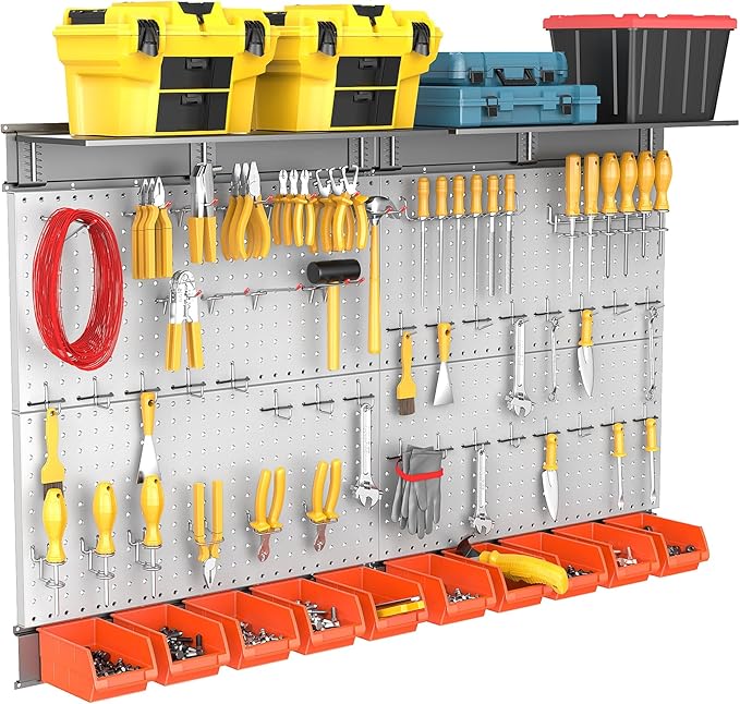 TORACK Metal Pegboard with Peg Board Hooks, Tools Storage Pegboard with Pegboard Hooks, Wall Mounted Storage Bins, Shelves, Tool Organizer Board with Pegs(Grey)