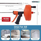 50ft drain auger with Drill Attachment Kit Includes drain snake Gloves Glasses Brushes Plastic Drainers and Bag for Quick Clog Removal