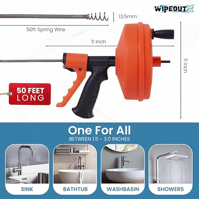 50ft drain auger with Drill Attachment Kit Includes drain snake Gloves Glasses Brushes Plastic Drainers and Bag for Quick Clog Removal