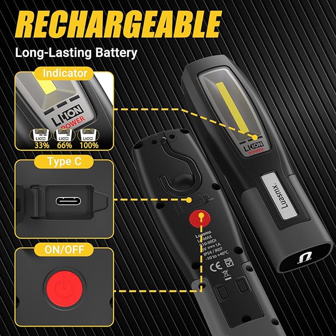 Luasmx Rechargeable Work Light, Magnetic Work Light with 3 Lighting Modes, Portable Hook Mechanic Light for Car Repair/Mechanics/Emergency/Camping