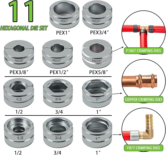 AMZCNC Pipe Press Tool with1/2,3/4,1" Dies for Copper Pipe and F877 Stainless PEX Press Sleeves,3/8",1/2",5/8",3/4",1" Dies for ASTM F1807 Pex Pipe Copper Ring Pipe Fittings Crimping Tool