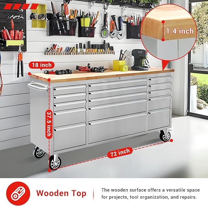 CT Copper Tailor 72-inch Rolling Tool Chest with 15 Drawers and Wheels, Mobile Garage Workbench, Large Tool Box Storage Tool Cabinet with Wood Top for Workshop,Stainless Steel