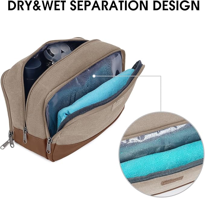 WANDF Travel Toiletry Bag for Men Large Toiletries Shaving Bag Water Resistant Hanging Dopp Kit Travel Accessories Bag for Women Men (Light Khaki)