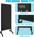 Royxen Metal Pegboard 2 x 5 Feet with 30 Hooks, Peg Board Display Stand, Standing Pegboard Display with Wheels, Black