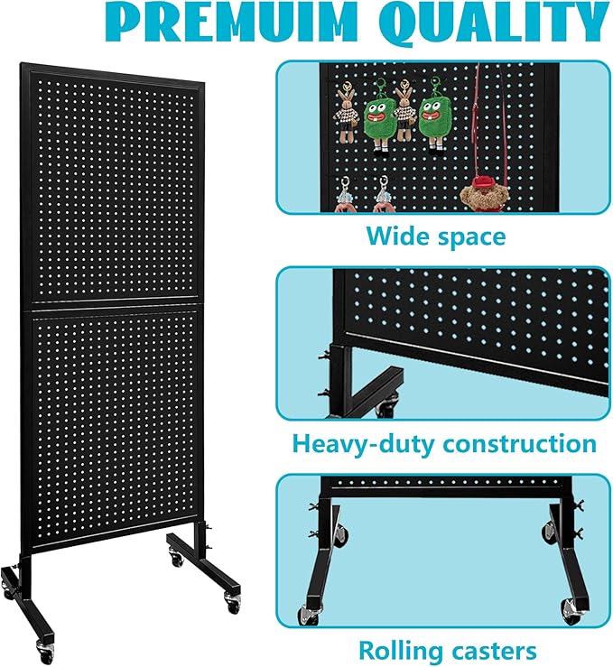 Royxen Metal Pegboard 2 x 5 Feet with 30 Hooks, Peg Board Display Stand, Standing Pegboard Display with Wheels, Black