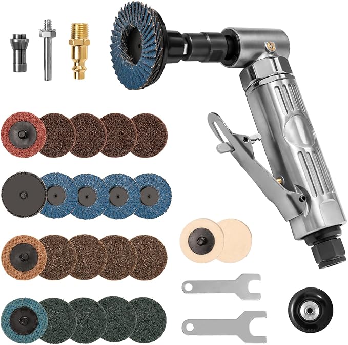 1/4"" Pneumatic Die Grinder with 22 Grinding Discs, 90° Angle Air Die Grinder, Precision Grinder for Polish Finish Burr Rust Paint Removal, X2K-57U-BVY683