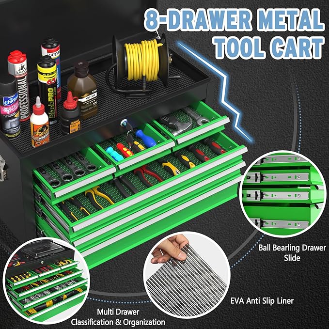 8 Drawer High Capacity Rolling Tool Chest, Metal Tool Box with Wheels and Drawers, Detachable Toolbox with Lock, Heavy Duty Tool Cabinet for Workshop, Warehouse and Garage (Black Green)