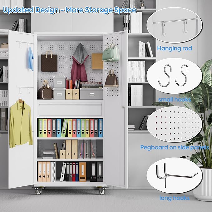 71" Metal Garage Storage Cabinet with 16 Hooks and Pegboards,1 Drawer Inside Rolling Tool Storage Cabinet with Adjustable Shelves,3 Metal Hanging Rod for Garage,Warehouse(White)