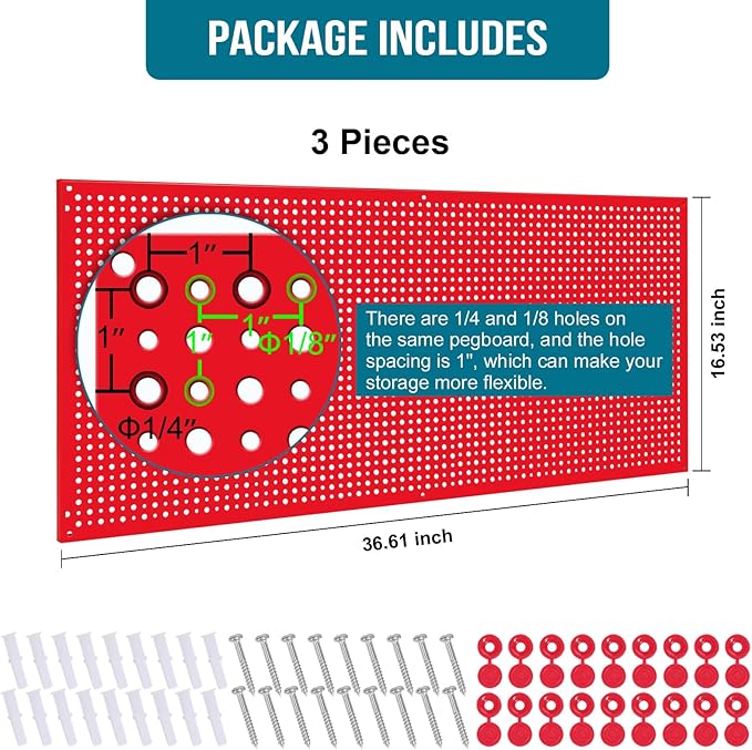 Pegboard Rack Garage Storage Steel Horizontal PegBoard Pack,Steel Pegboard Heavy Duty- 3 Pack 16-Inch X 36-Inch Metal Peg Board Tool Organization Panels (Red)