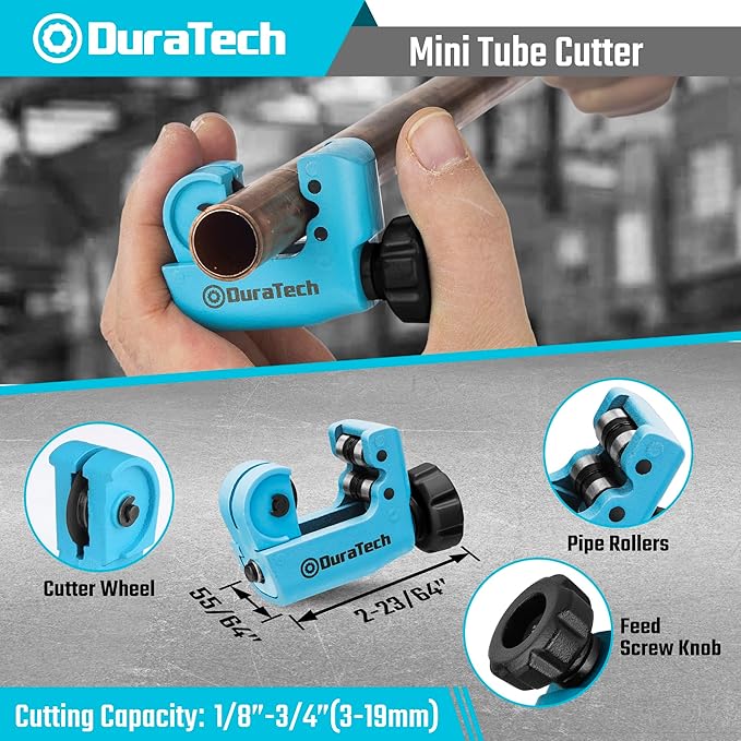 DURATECH 3-Piece Pipe Cutter Set, Tubing Cutter with Derubbing Tool, Mini Tube Cutter and Tube Reamer, Cutting Capacity 1/8" to 1-1/8", Perfect for Copper, Aluminum, Brass, and PVC Tube