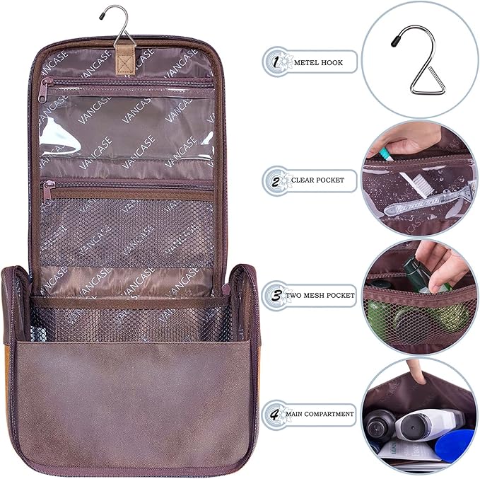 Hanging Toiletry Bag for Men VANCASE Vintage Leather Shaving Dopp Kit Medium Waterproof Travel Bathroom Bags Portable Shower Organizer