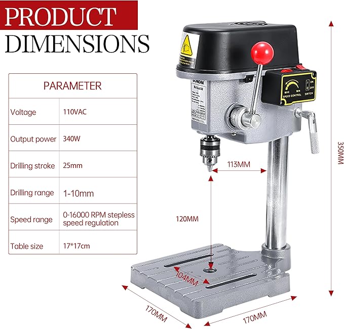 RATTMMOTOR Benchtop Drilling Machine 340W 110V/220V 16000RPM Mini Bench Drill Press 25mm Stroke Drill Chuck 1-10mm Multi-Function Drilling Milling Machine (110V)