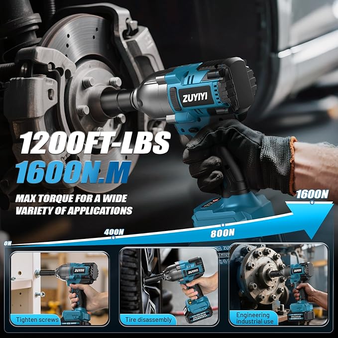 Cordless Impact Wrench 1/2", 1600N.m (1200ft-lbs) High Torque Brushless Impact Gun, 21V 3800RPM Power Impact Wrenches, Electric Impact Driver with 2x 4.0Ah Battery for Car Tire Truck RV Mower