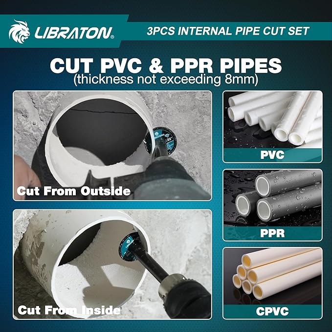 Libraton Inside Pipe Cutter for PVC Pipe, Internal Plastic Cutter Plumbing Tools Set with Deburring Tool, PVC Pipe Cutter Diamond Grit Cutting Wheel for Impact Drivers and Drills, PVC Cutter Tool