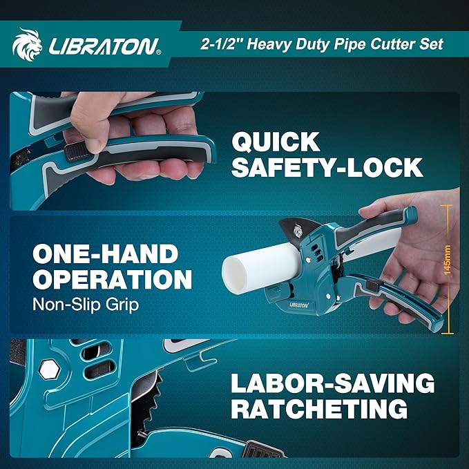 Libraton PVC Pipe Cutter, Up to 2-1/2", Ratchet Pipe Cutter Tool for PEX, PVC, PPR Plastic Hoses Plumbing, Heavy-Duty Pipe Cutter with Deburring Tool Replacement Blade, 2 Adjustable Cutting Ranges