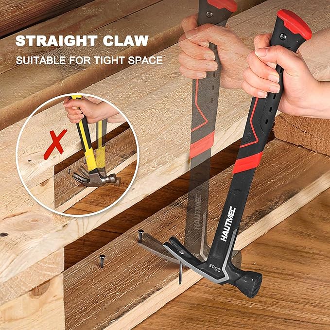 HAUTMEC 20 oz. One Piece Forged Framing Hammer With Straight Rip Claw Hammer, Milled Face, Shock-Absorbing Grip, with Magnetic Nail Holder, HT0371-HM