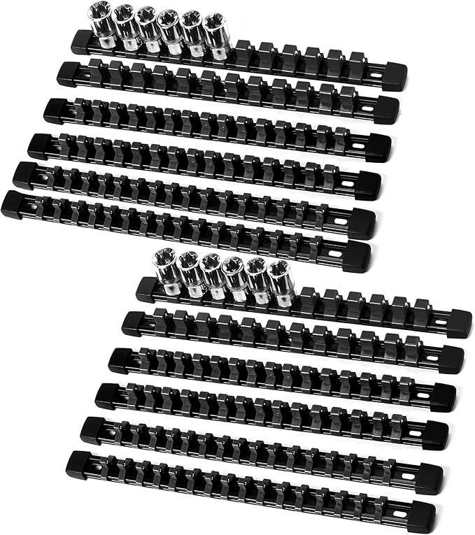 Socket Organizer Drive ABS Tools - Black Socket Holder, Premium Quality 12 Pieces Socket Holders Kit 1/4-Inch x 64 Clips, 3/8-Inch x 60 Clips, 1/2-Inch x 48 Clips（12PC,Black)