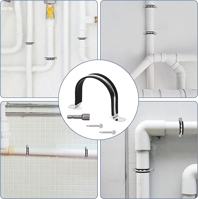 Pipe Clamp NPS 4 Inches （Φ114MM）- 304 Stainless Steel & Rubber Lining Pipe Strap Clamp 10 Pack