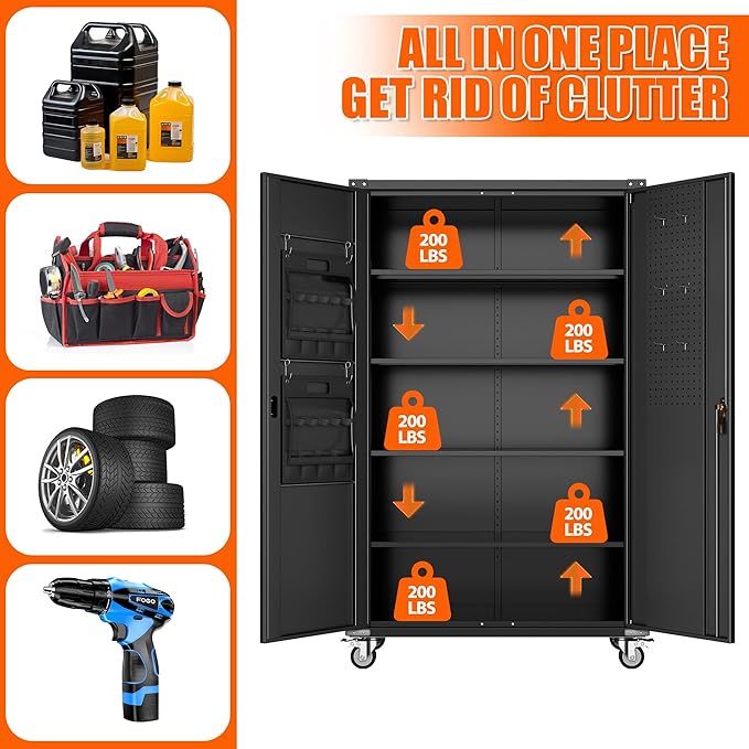 Aobabo Extra Large Cabinet on Wheels, Metal Storage Cabinet with Pegboards, Steel 2 Handles Locking Doors and Adjustable Shelves, for Garage Office, Black, 43.3''W x 21.6''D x 72''H, Assembly Required