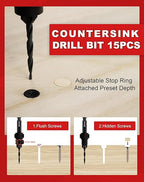EZARC Countersink Drill Bit Set, 15 PCS Tapered Drill Bits Counter Sink Drill Bit with 2PCS Wood Plug Cutter 1/4" Hex Shank Quick Change for Woodworking with Storage Box