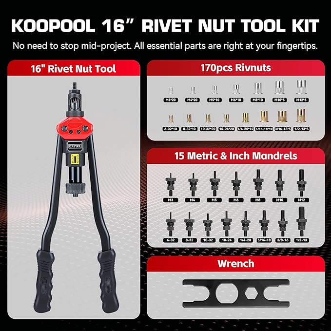 16" Rivet Nut Tool Kit with 15 Metric & SAE Mandrels and 170pcs Rivet Nuts,Visible Stroke, Quick-Change Rivet Nut Tool with Carrying Case (16" Rivet Nut Tool Kit)