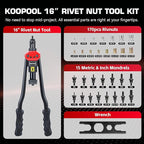 16" Rivet Nut Tool Kit with 15 Metric & SAE Mandrels and 170pcs Rivet Nuts,Visible Stroke, Quick-Change Rivet Nut Tool with Carrying Case (16" Rivet Nut Tool Kit)