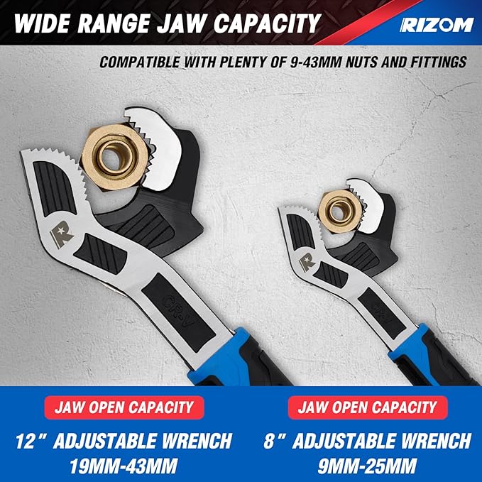 Rizom Self Adjusting Wrench, 8” and 12” Pipe Wrench, 2-Piece Self Adjustable Wrench Set with 3/8 to 1-3/4 inch Jaw Open