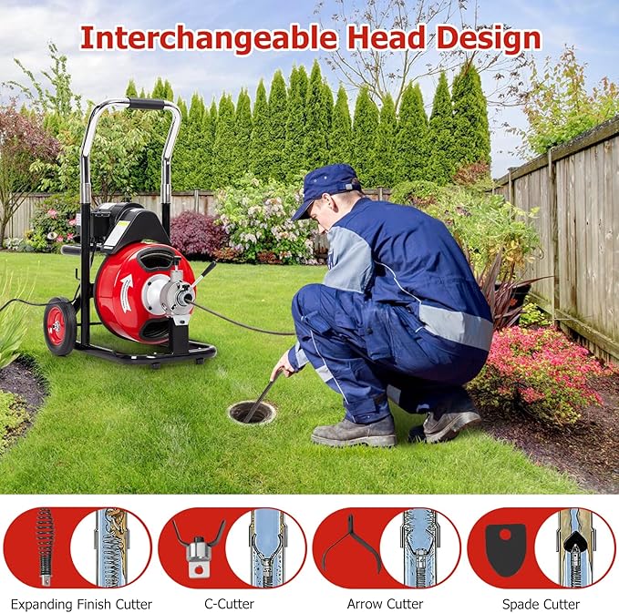 100Ft 3/8 Inch Electric Drain Cleaner Machine Auto Feed Drain Auger for 1 to 4 Inch Pipes Professional Sewer Snake with 4 Cutters Gloves Heavy Duty Clog Remover