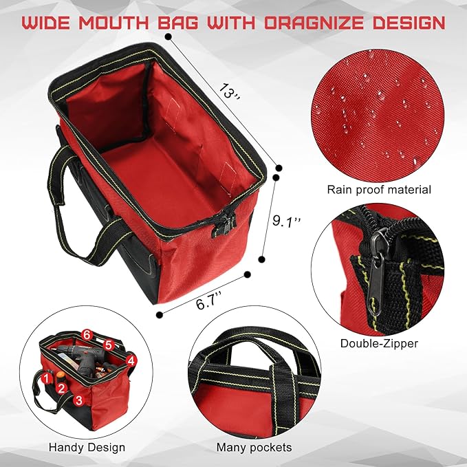4 Pieces Tool Bag with Waterproof Strong Molded Base Multi Pockets Wide Mouth Tool Tote Multifunctional Tool Bag Large Capacity Organizer Heavy Duty Tool Storage Bag (Red,13 Inch)