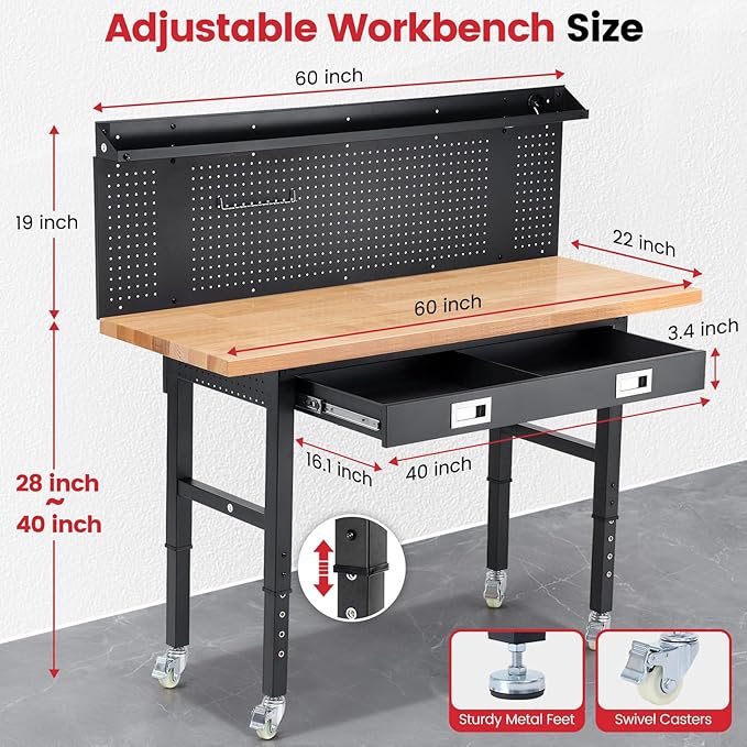 Work Bench with Wheels 60 x 22 Inch Heavy Duty Rubberwood Tabletop Work Table Adjustable Height Garage Workbench with LED, Drawers, Pegboard, Power Outlets for Woodworking Shop, Home, Office