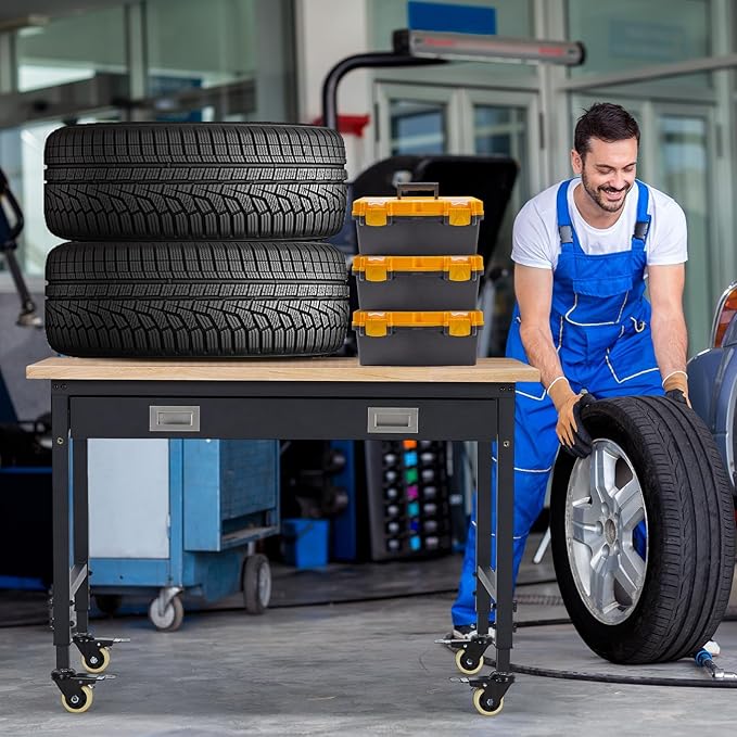 48'' Adjustable Workbench, Heavy Duty Workbench with Drawer, Power Outlet and Lockable Wheels, 2000 LBS Capacity, Work Table Suitable for Office, Garage, Workshop
