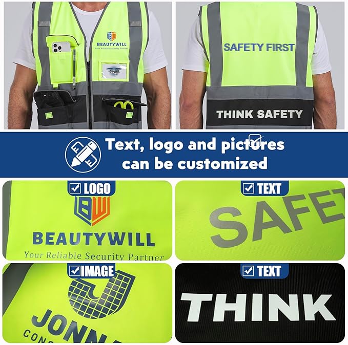 BeautyWill Custom Safety Vest Customized Logo Class 2 High Visibility Reflective Vest with Pockets Construction workwear