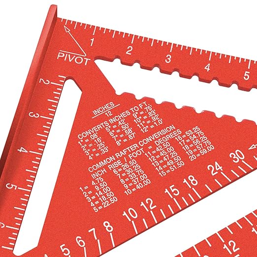 Beslands Aluminum 12-inch Rafter Square Carpenter Measuring Layout Tool Alloy Metal Triangle Ruler Imperial Protractor for Woodworking and Carpentry Red