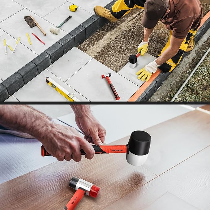 2-Piece Rubber Mallet Hammer Set, 16oz Rubber Hammer & 35mm Double-Faced Soft Mallet with 2pcs Relaceable Heads, Fiberglass Shockproof Cushioned Grip, Damage-Free to Floor, Tile, Crafts