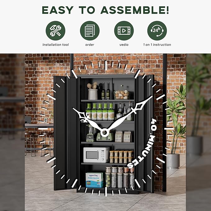 Greenvelly Metal Garage Storage Cabinet, 72” Locking Black Tool Steel Cabinet with Doors and 4 Shelves, Tall Metal Cabinets with Garage Storage Systems for Home Office, Kitchen/Pantry