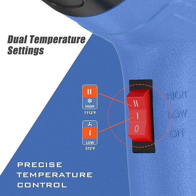 Heat Gun for Vinyl Wrap,Shrink Tubing,Paint,Epoxy Resin,Candle Making,Adjustable Temperature (Blue, Two-Gear Button Temperature Control)
