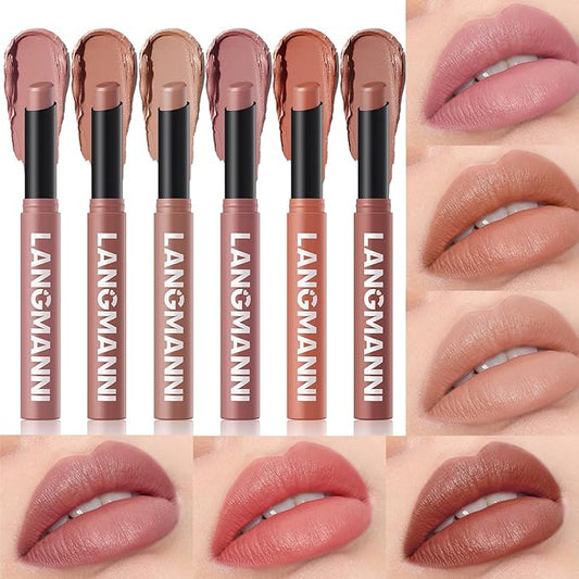 Jolilab 6 Pcs Velvet Matte Lipstick Nude Matte Soft Dark Color Stick Waterproof Long-Lasting Non-Stick Cup High Pigmented Lip Stick Lip Balm Beauty Cosmetics Gift for Girls（01#-06#