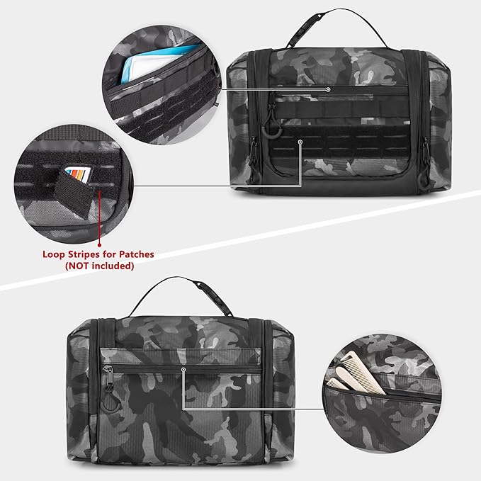 Hanging Toiletry Bag for Men, Tactical Dopp Kit Toiletry Travel Bag, Large Hygiene Organizer Shower Bag for Camping Outdoor, Black Camo