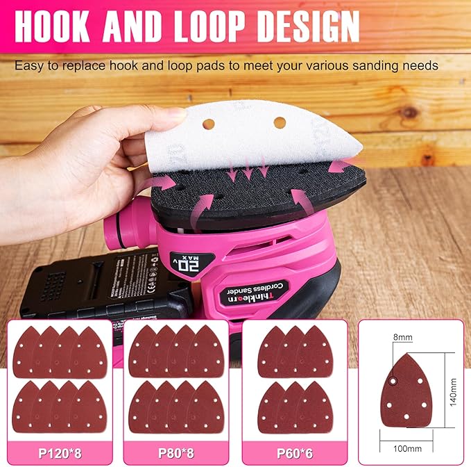 Cordless Detail Sander - 20V Electric Hand Sander with 22Pcs Sandpapers, 12000 RPM Mouse Sander with Dust Bag, Compact Palm Sander Tool for Woodworking, 2.0Ah Battery and Charger Included