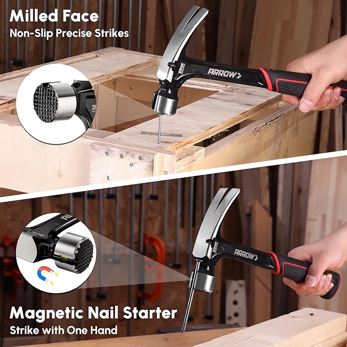 ARROW 20 oz Straight Claw Hammer with Magnetic Nail Holder, Side Nail Puller, Rip Claw Hammer with Milled Face & Shock Absorbing Grip, Heavy Duty One-piece Forged Hammer